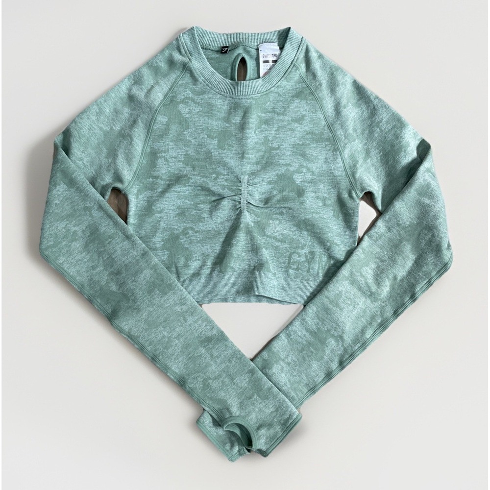 Gymshark Adapt Camo Seamless Long Sleeve Crop Top Sage Green Small, Workout